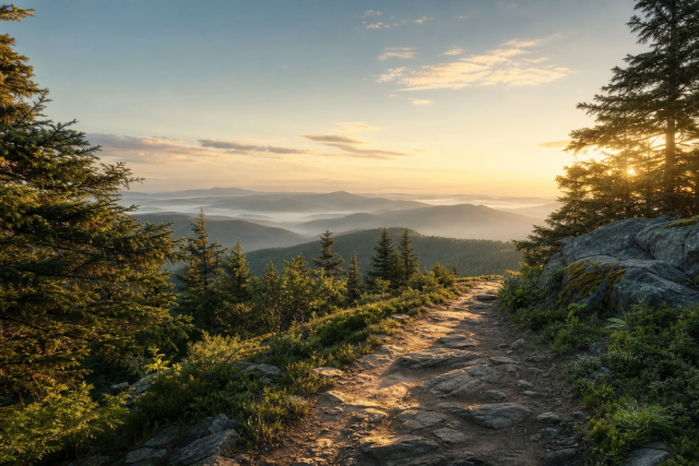 Ruhiger Waldpfad im Sonnenaufgang als Headerbild für den QUIQQER 2.19 Release.